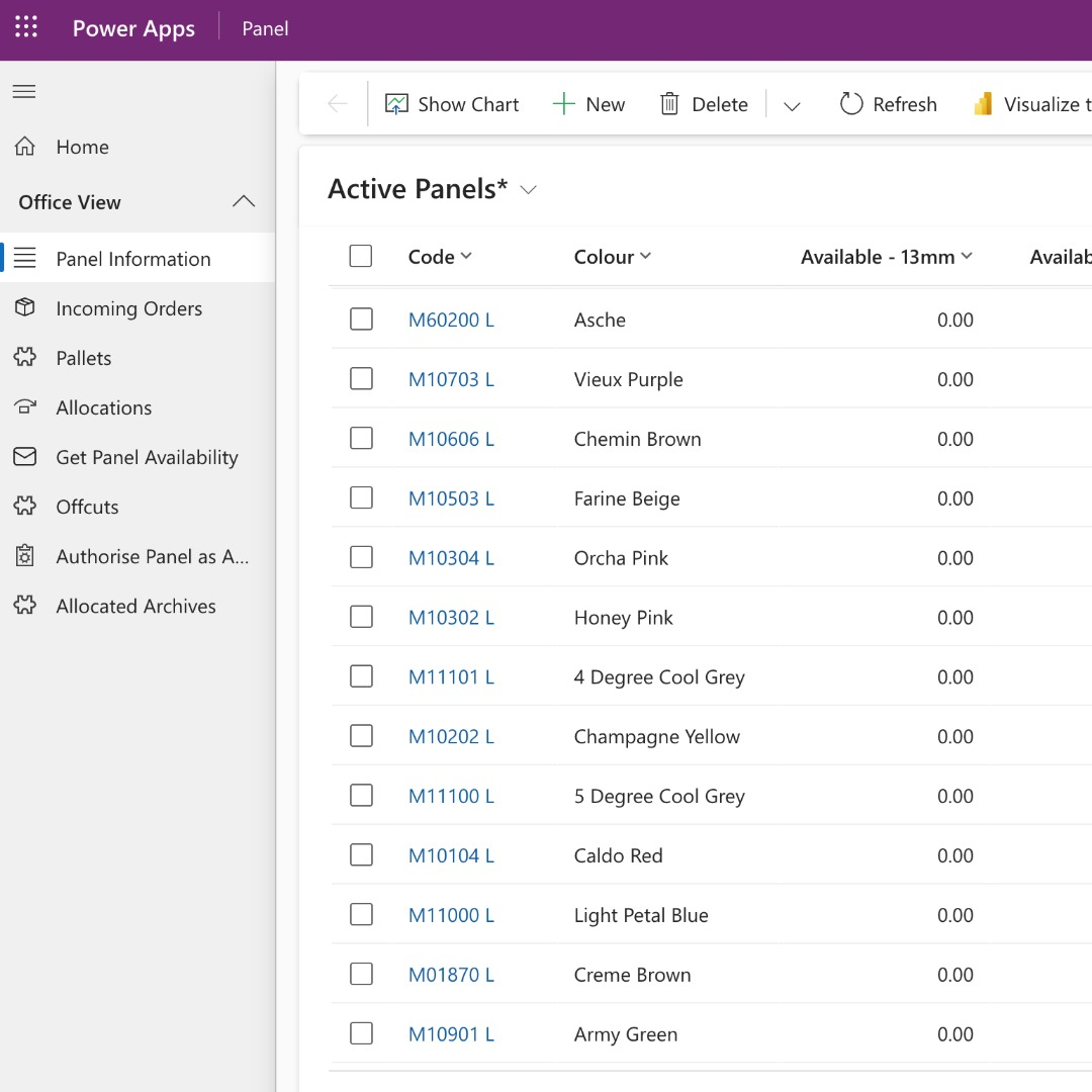 This is a demonstration of the available colours in the warehouse showing the number of units available for each pallet. It is laid out as a table. To the left there is a navigation bar.